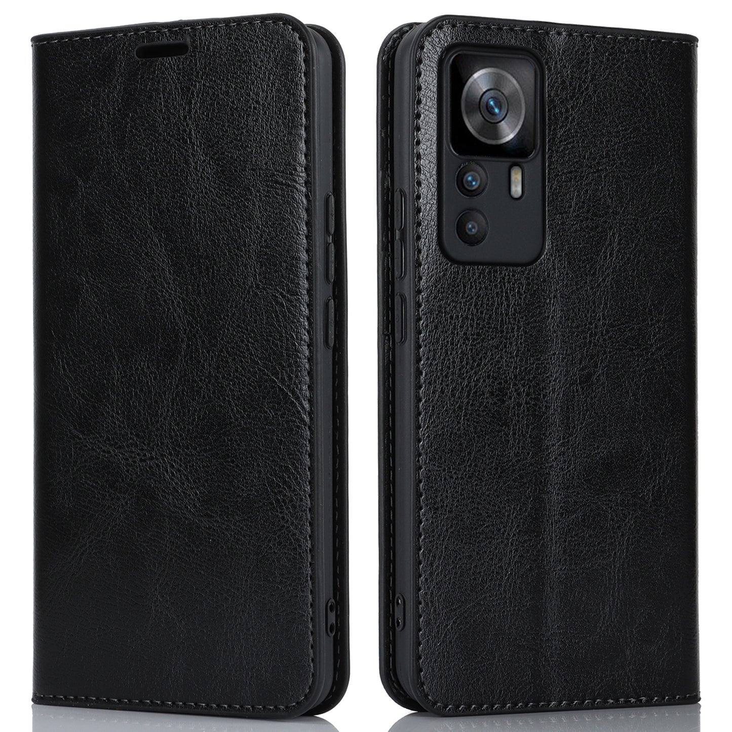 Uniqkart for Xiaomi 12T 5G / 12T Pro 5G / Redmi K50 Ultra Phone Case Crazy Horse Texture Genuine Cow Leather Stand Wallet Cover - Black