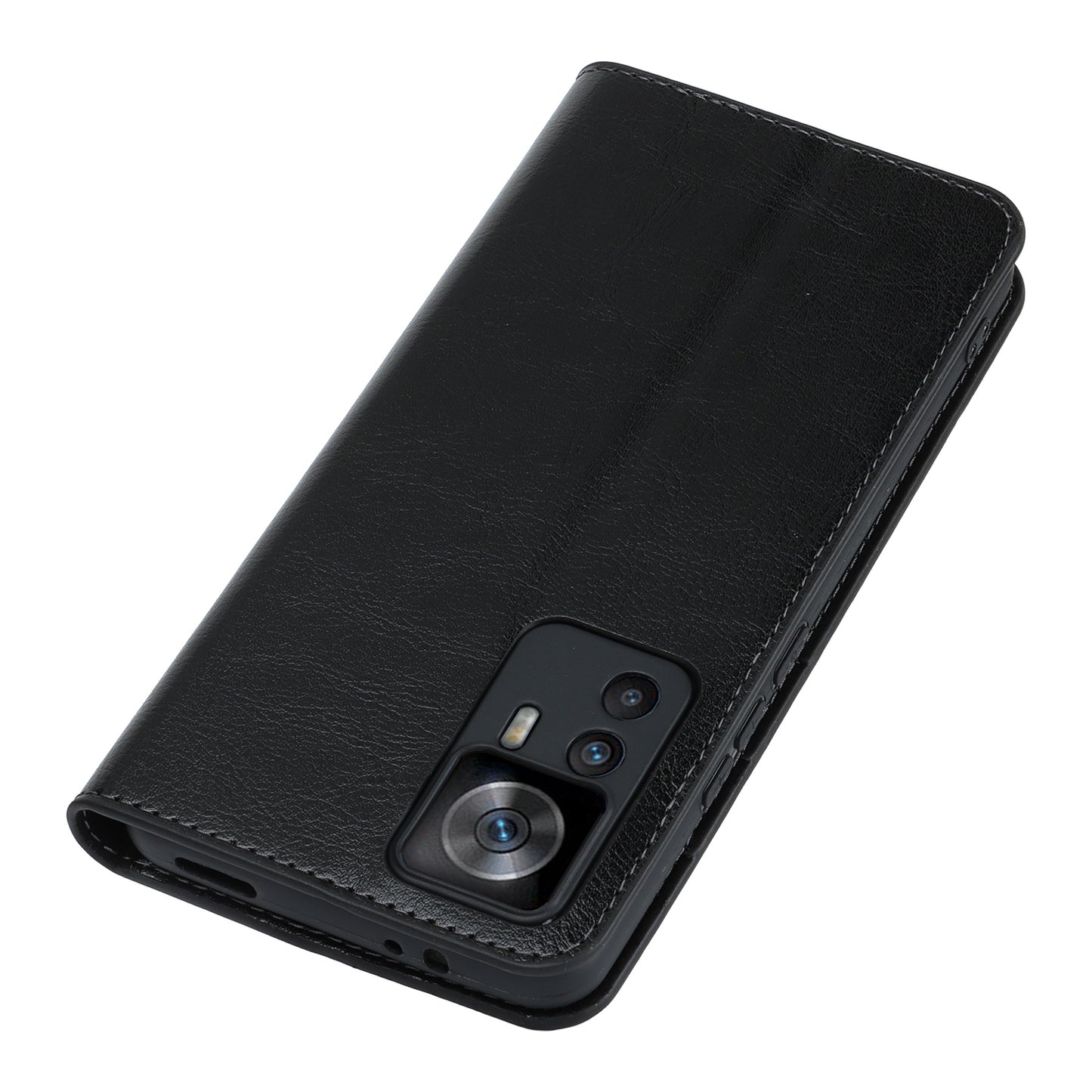 Uniqkart for Xiaomi 12T 5G / 12T Pro 5G / Redmi K50 Ultra Phone Case Crazy Horse Texture Genuine Cow Leather Stand Wallet Cover - Black
