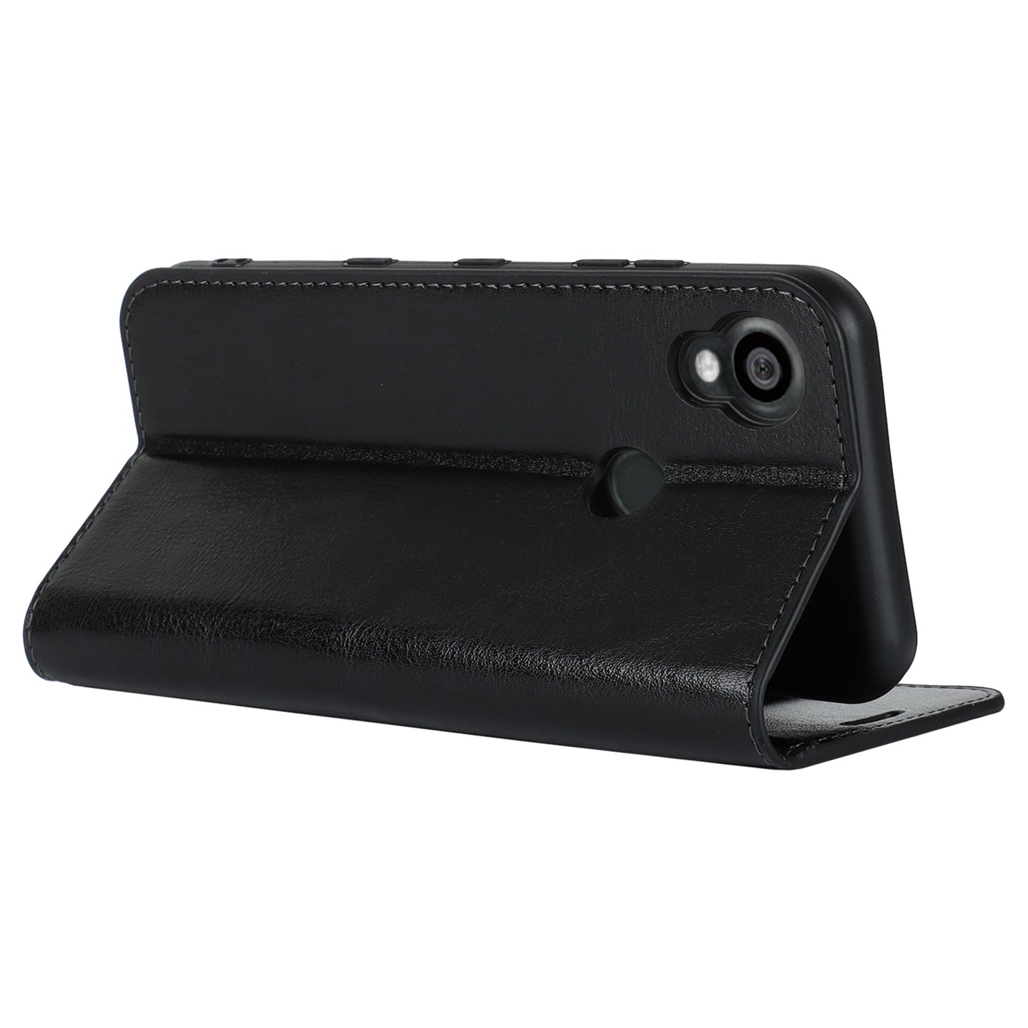 Uniqkart for Kyocera Digno SX3 KYG02 Phone Case Crazy Horse Texture Genuine Cow Leather Stand Wallet Anti-drop Cover - Black