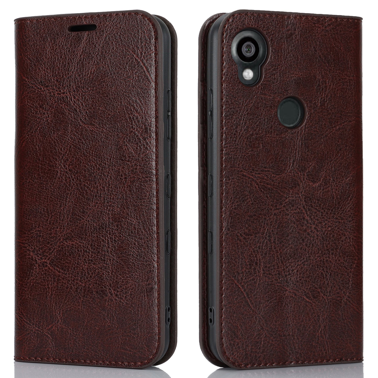 Uniqkart for Kyocera Digno SX3 KYG02 Phone Case Crazy Horse Texture Genuine Cow Leather Stand Wallet Anti-drop Cover - Dark Brown