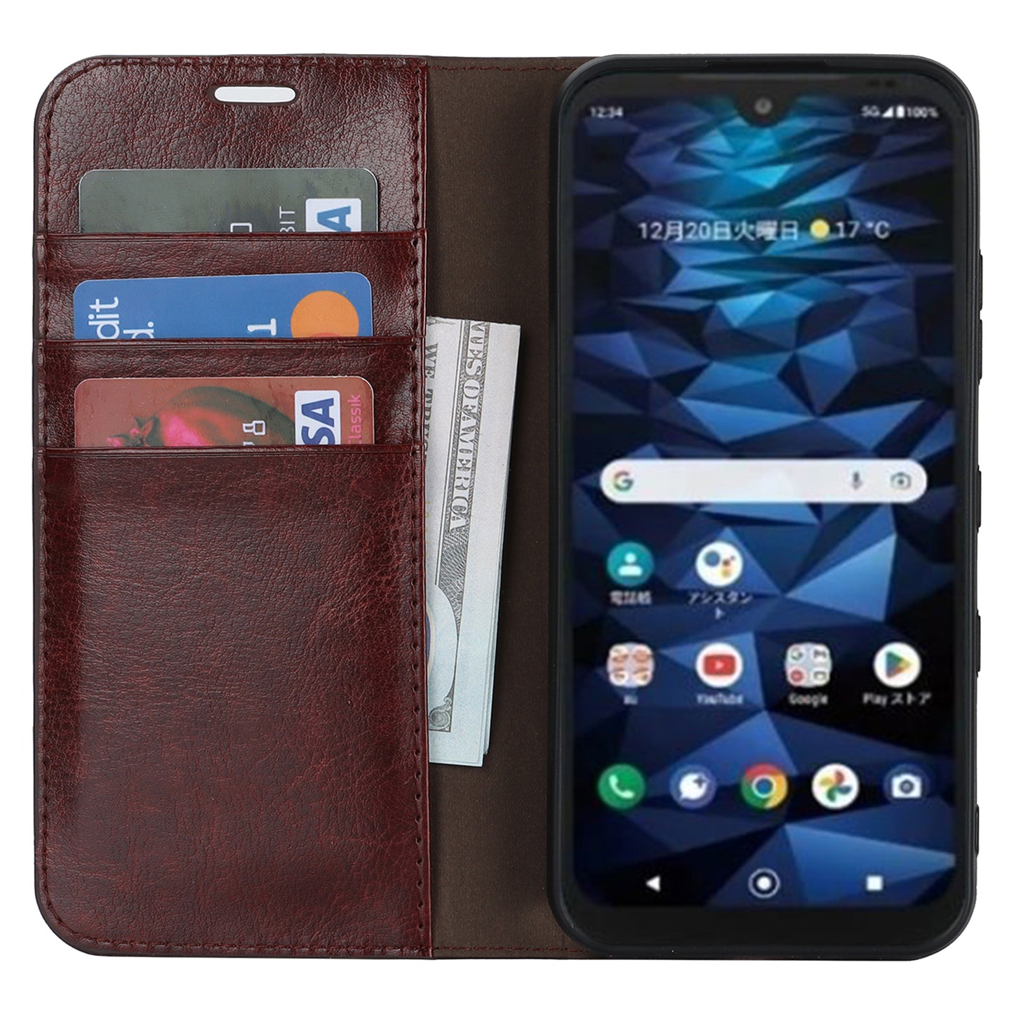 Uniqkart for Kyocera Digno SX3 KYG02 Phone Case Crazy Horse Texture Genuine Cow Leather Stand Wallet Anti-drop Cover - Dark Brown