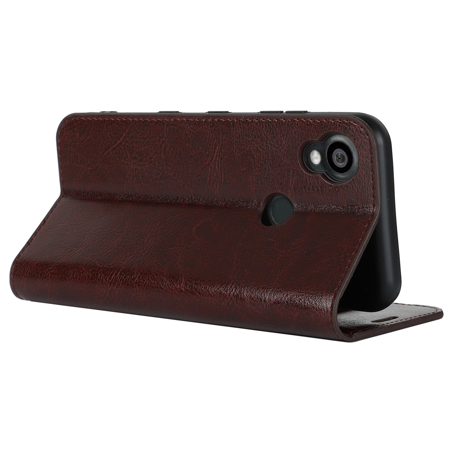 Uniqkart for Kyocera Digno SX3 KYG02 Phone Case Crazy Horse Texture Genuine Cow Leather Stand Wallet Anti-drop Cover - Dark Brown