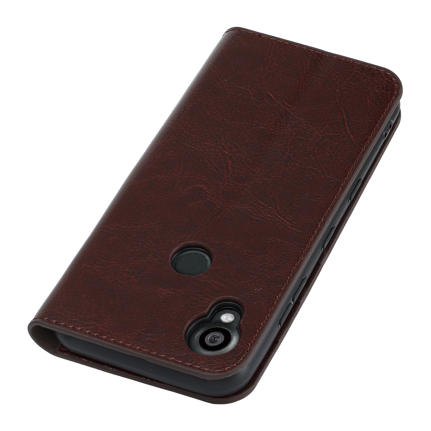 Uniqkart for Kyocera Digno SX3 KYG02 Phone Case Crazy Horse Texture Genuine Cow Leather Stand Wallet Anti-drop Cover - Dark Brown