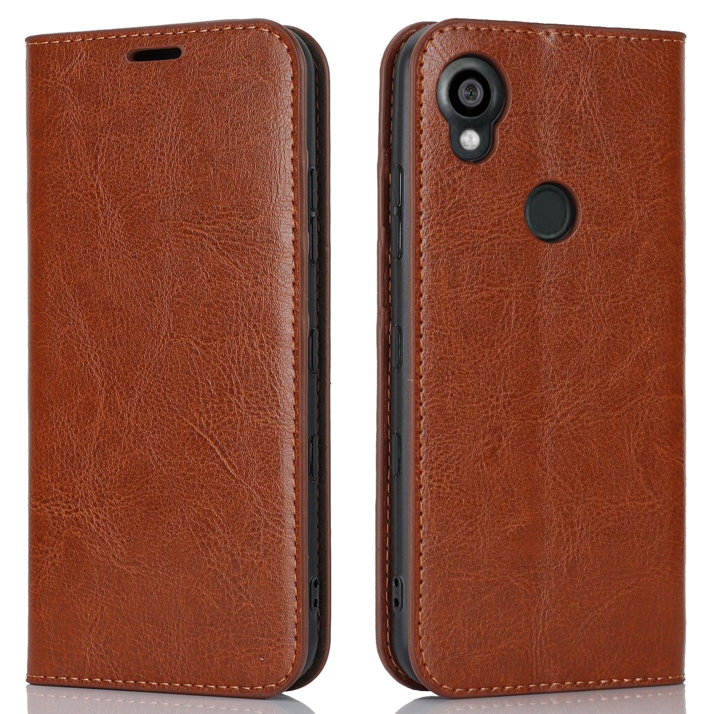 Uniqkart for Kyocera Digno SX3 KYG02 Phone Case Crazy Horse Texture Genuine Cow Leather Stand Wallet Anti-drop Cover - Light Brown