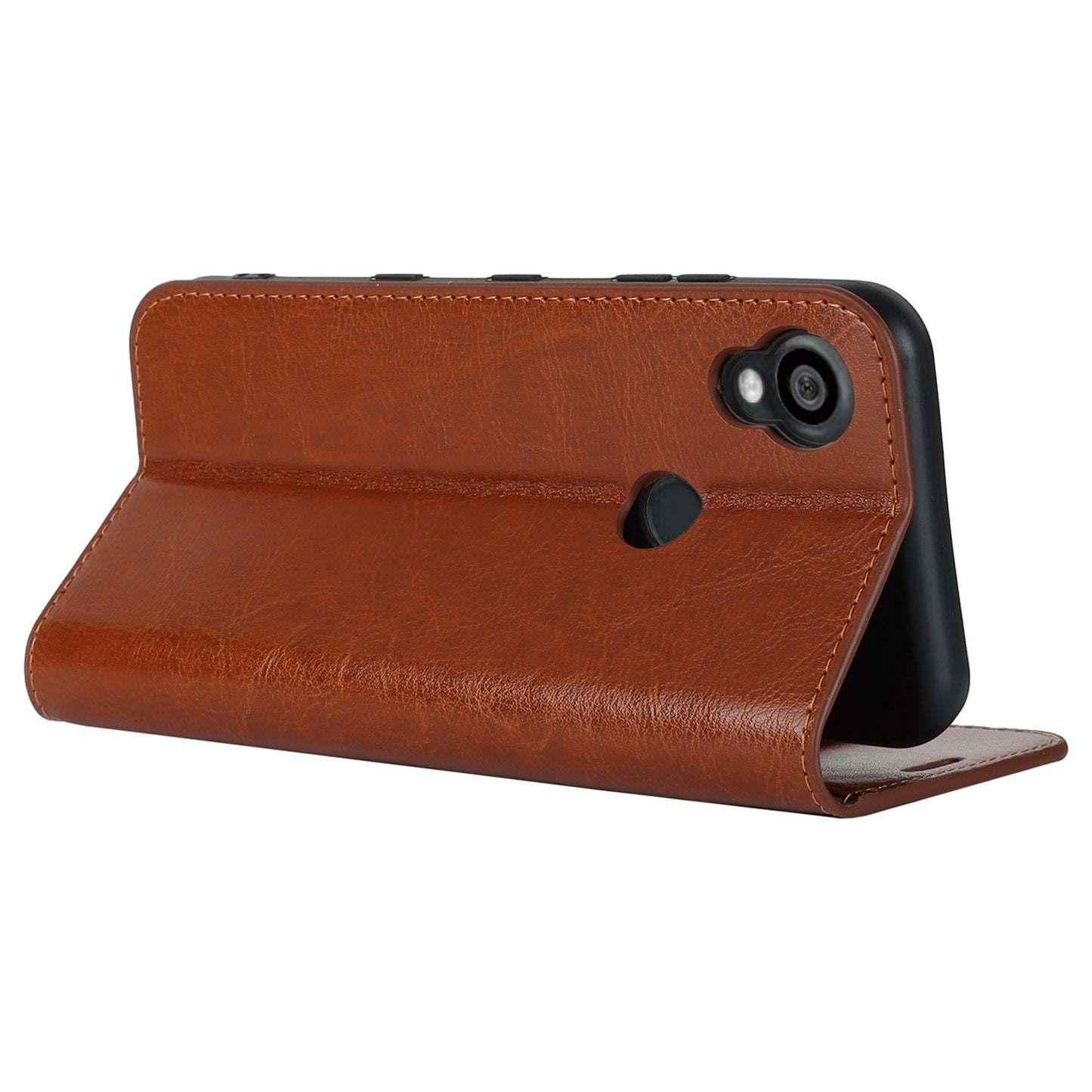 Uniqkart for Kyocera Digno SX3 KYG02 Phone Case Crazy Horse Texture Genuine Cow Leather Stand Wallet Anti-drop Cover - Light Brown