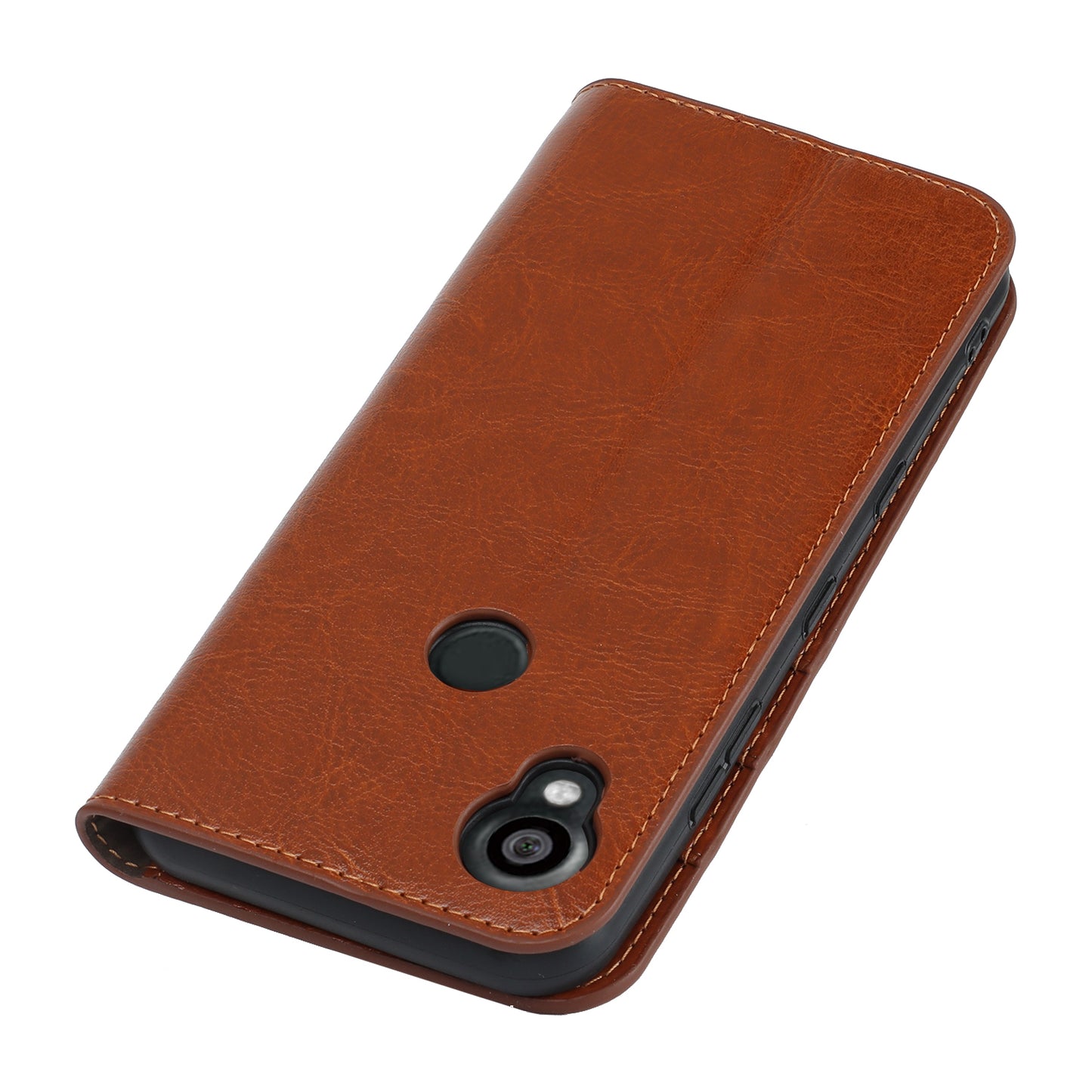 Uniqkart for Kyocera Digno SX3 KYG02 Phone Case Crazy Horse Texture Genuine Cow Leather Stand Wallet Anti-drop Cover - Light Brown