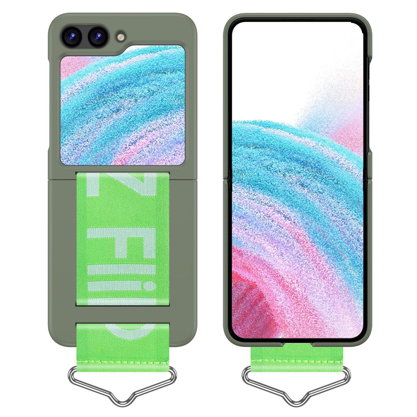 Uniqkart for Samsung Galaxy Z Flip5 5G Hard PC Phone Cover Protective Case with B-Shape Ring Holder - Light Green+Green