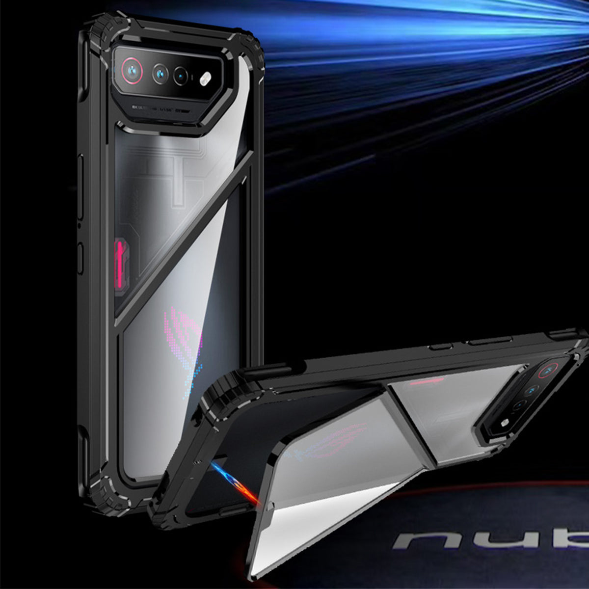 Uniqkart for Asus ROG Phone 7 5G / Phone 7 Pro TPU+PC Clear Case Magnetic Back Panel Kickstand Phone Cover - Black