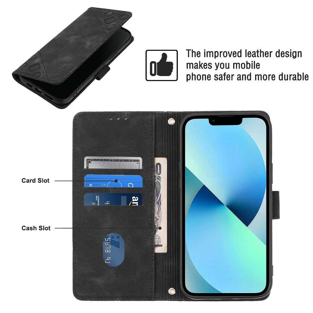 PT005 YB Imprinting Series-7 for iPhone 15 Cell Phone Stand Case Skin-touch Feeling Leather Cover Wallet - Black