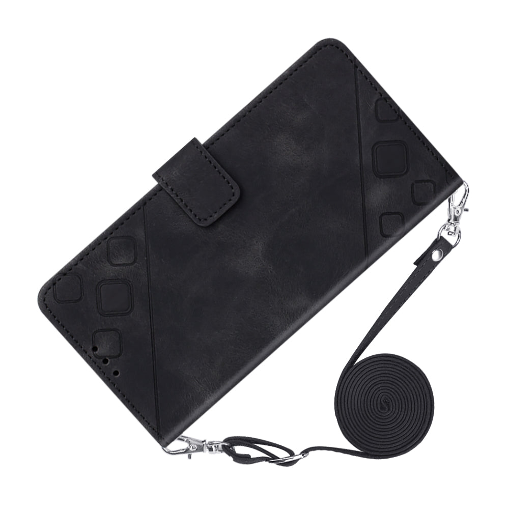 PT005 YB Imprinting Series-7 for iPhone 15 Cell Phone Stand Case Skin-touch Feeling Leather Cover Wallet - Black