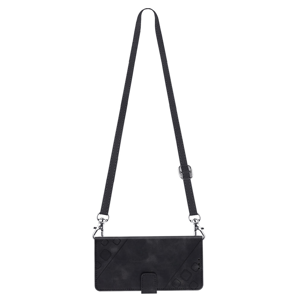 PT005 YB Imprinting Series-7 for iPhone 15 Cell Phone Stand Case Skin-touch Feeling Leather Cover Wallet - Black