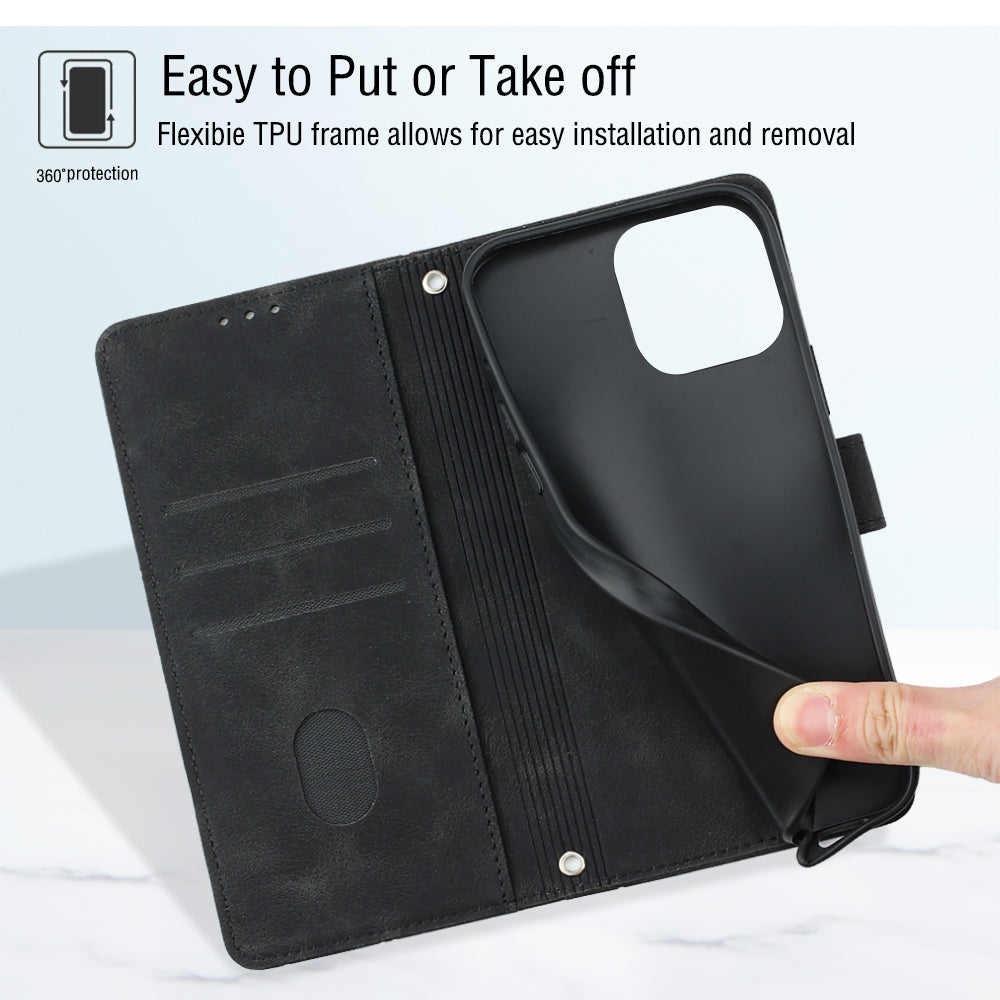 PT005 YB Imprinting Series-7 for iPhone 15 Cell Phone Stand Case Skin-touch Feeling Leather Cover Wallet - Black