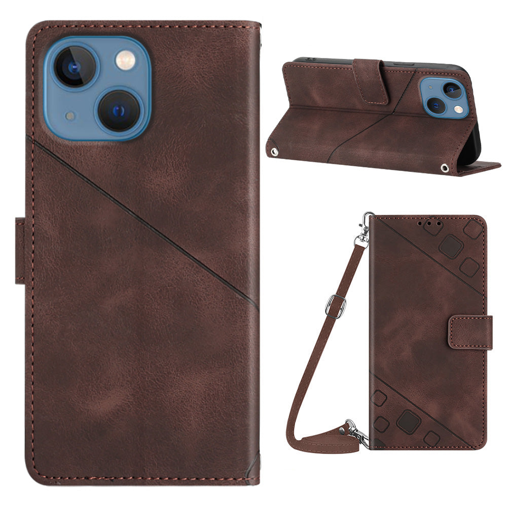 PT005 YB Imprinting Series-7 for iPhone 15 Cell Phone Stand Case Skin-touch Feeling Leather Cover Wallet - Brown
