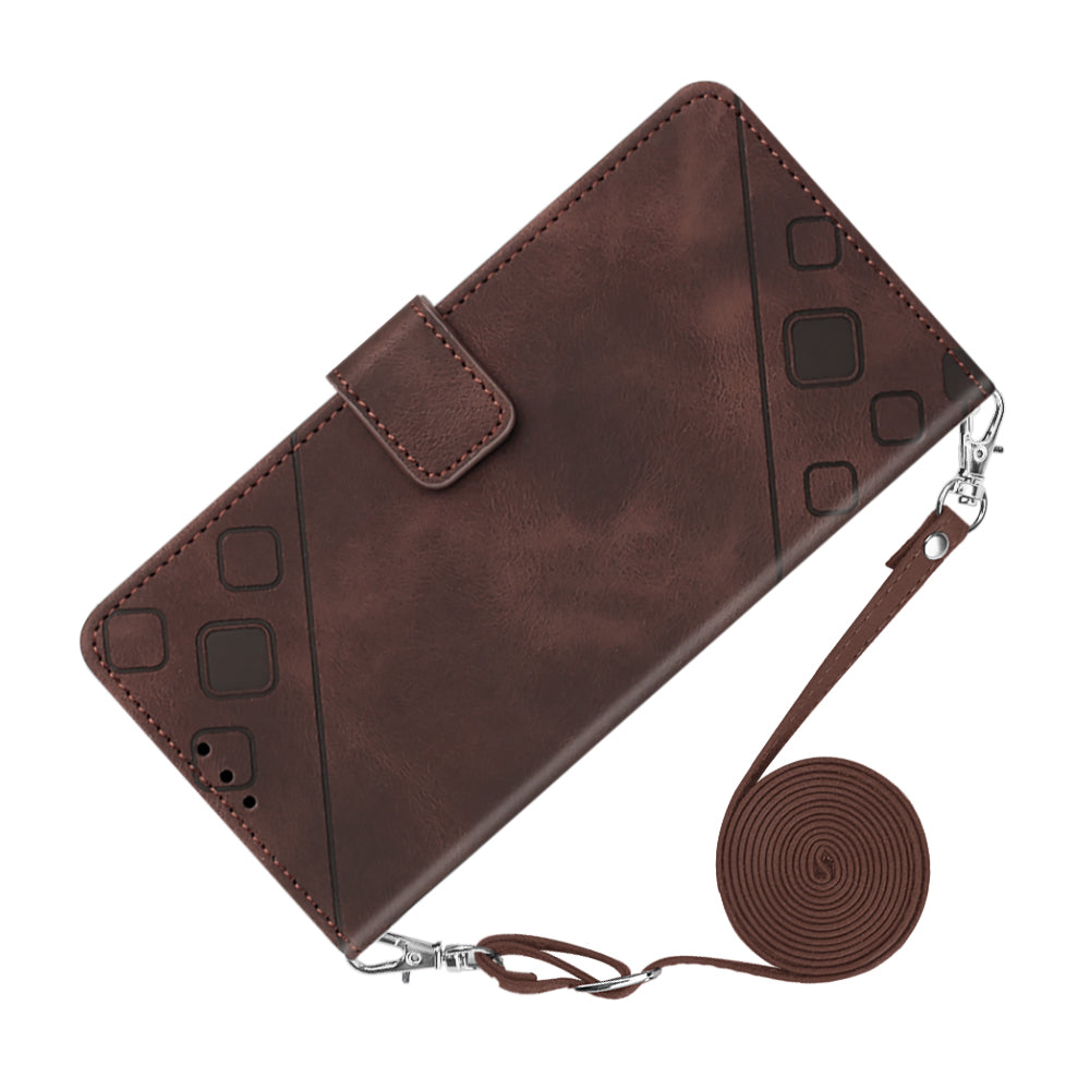 PT005 YB Imprinting Series-7 for iPhone 15 Cell Phone Stand Case Skin-touch Feeling Leather Cover Wallet - Brown
