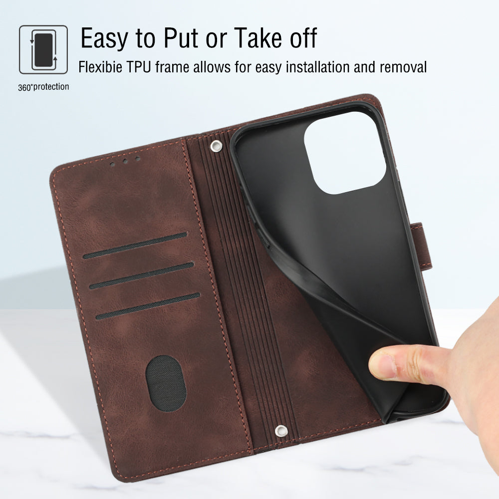 PT005 YB Imprinting Series-7 for iPhone 15 Cell Phone Stand Case Skin-touch Feeling Leather Cover Wallet - Brown