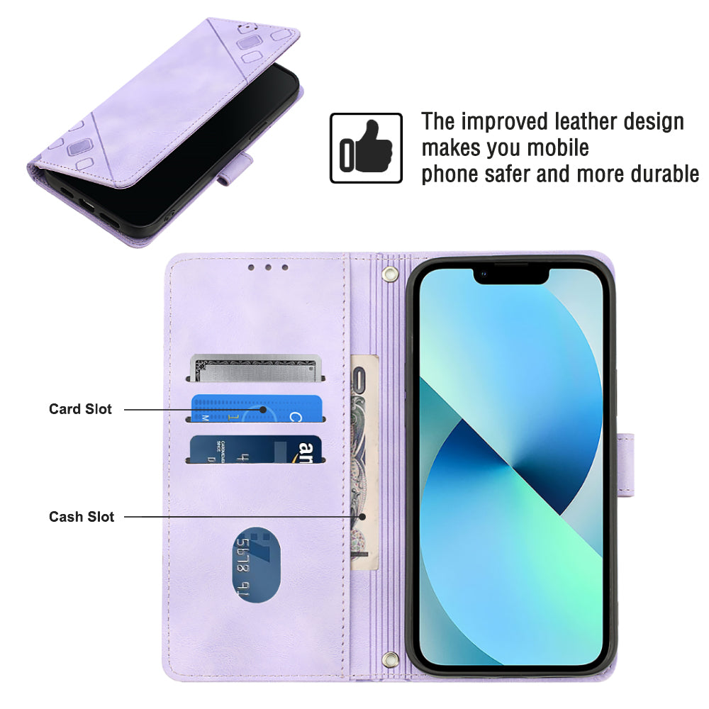 PT005 YB Imprinting Series-7 for iPhone 15 Cell Phone Stand Case Skin-touch Feeling Leather Cover Wallet - Light Purple