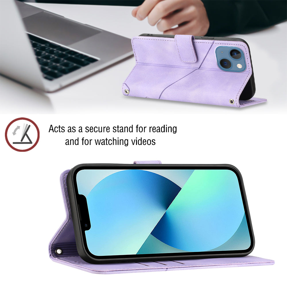 PT005 YB Imprinting Series-7 for iPhone 15 Cell Phone Stand Case Skin-touch Feeling Leather Cover Wallet - Light Purple
