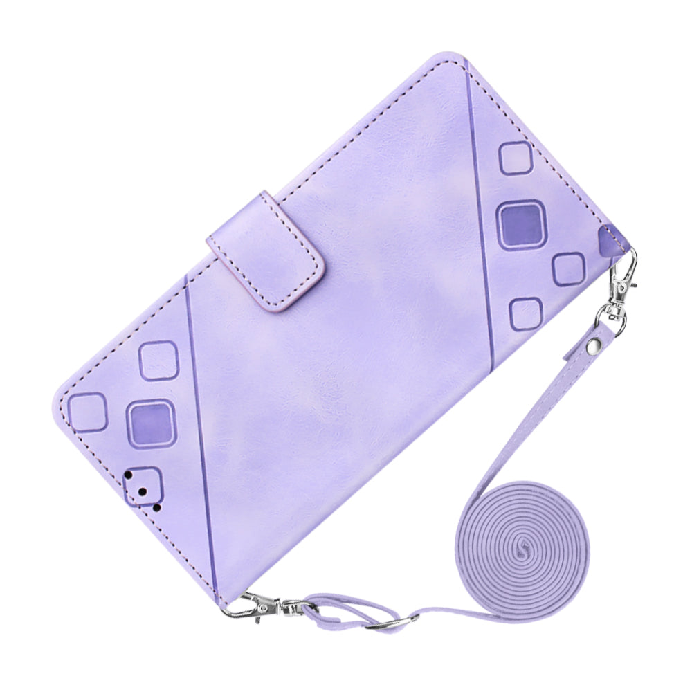 PT005 YB Imprinting Series-7 for iPhone 15 Cell Phone Stand Case Skin-touch Feeling Leather Cover Wallet - Light Purple