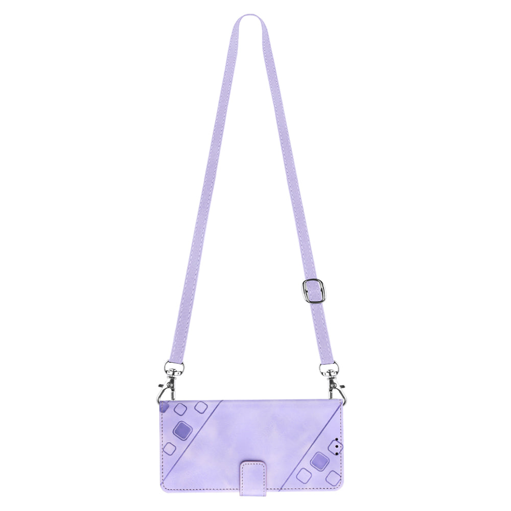 PT005 YB Imprinting Series-7 for iPhone 15 Cell Phone Stand Case Skin-touch Feeling Leather Cover Wallet - Light Purple