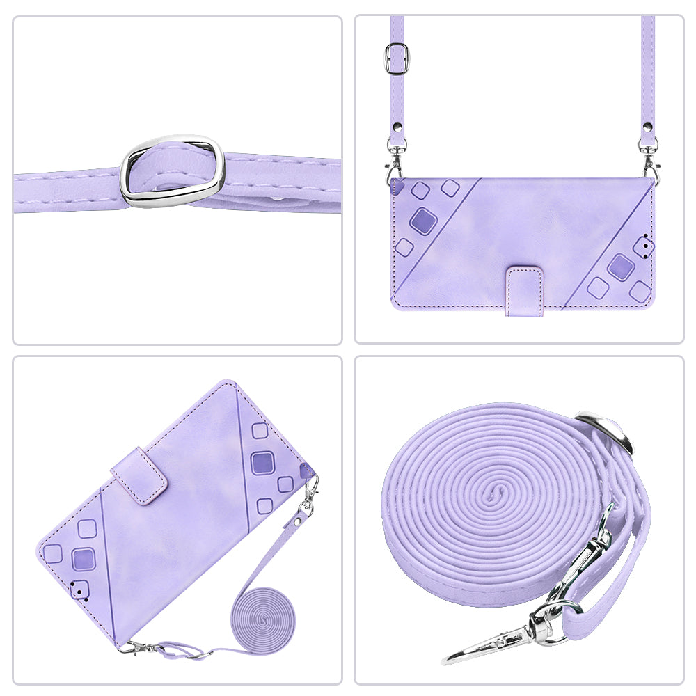 PT005 YB Imprinting Series-7 for iPhone 15 Cell Phone Stand Case Skin-touch Feeling Leather Cover Wallet - Light Purple