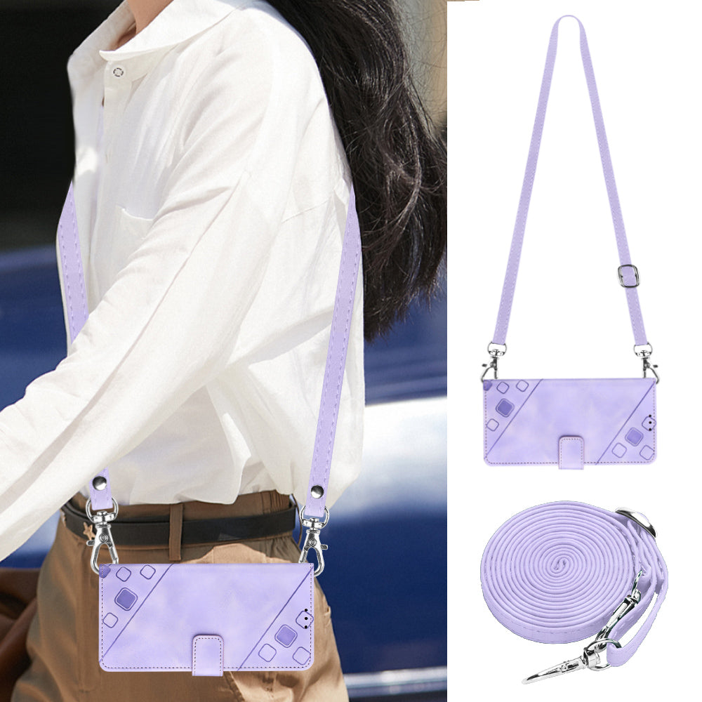 PT005 YB Imprinting Series-7 for iPhone 15 Cell Phone Stand Case Skin-touch Feeling Leather Cover Wallet - Light Purple