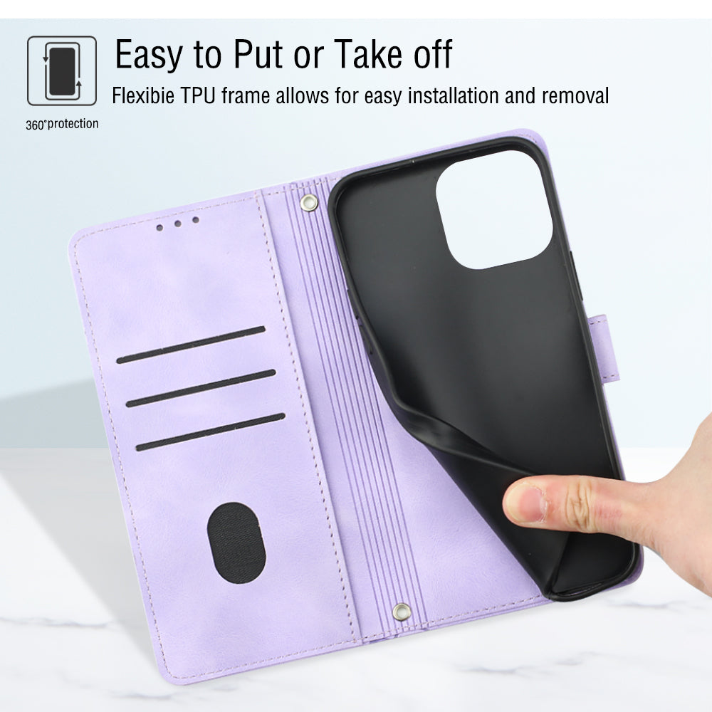 PT005 YB Imprinting Series-7 for iPhone 15 Cell Phone Stand Case Skin-touch Feeling Leather Cover Wallet - Light Purple