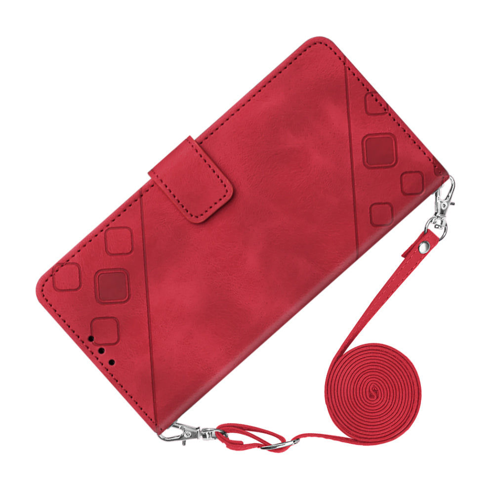 PT005 YB Imprinting Series-7 for iPhone 15 Cell Phone Stand Case Skin-touch Feeling Leather Cover Wallet - Red