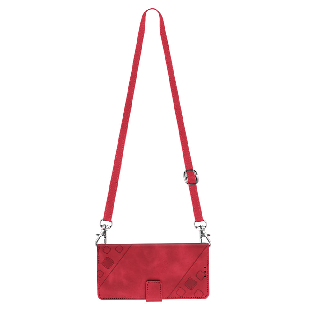 PT005 YB Imprinting Series-7 for iPhone 15 Cell Phone Stand Case Skin-touch Feeling Leather Cover Wallet - Red