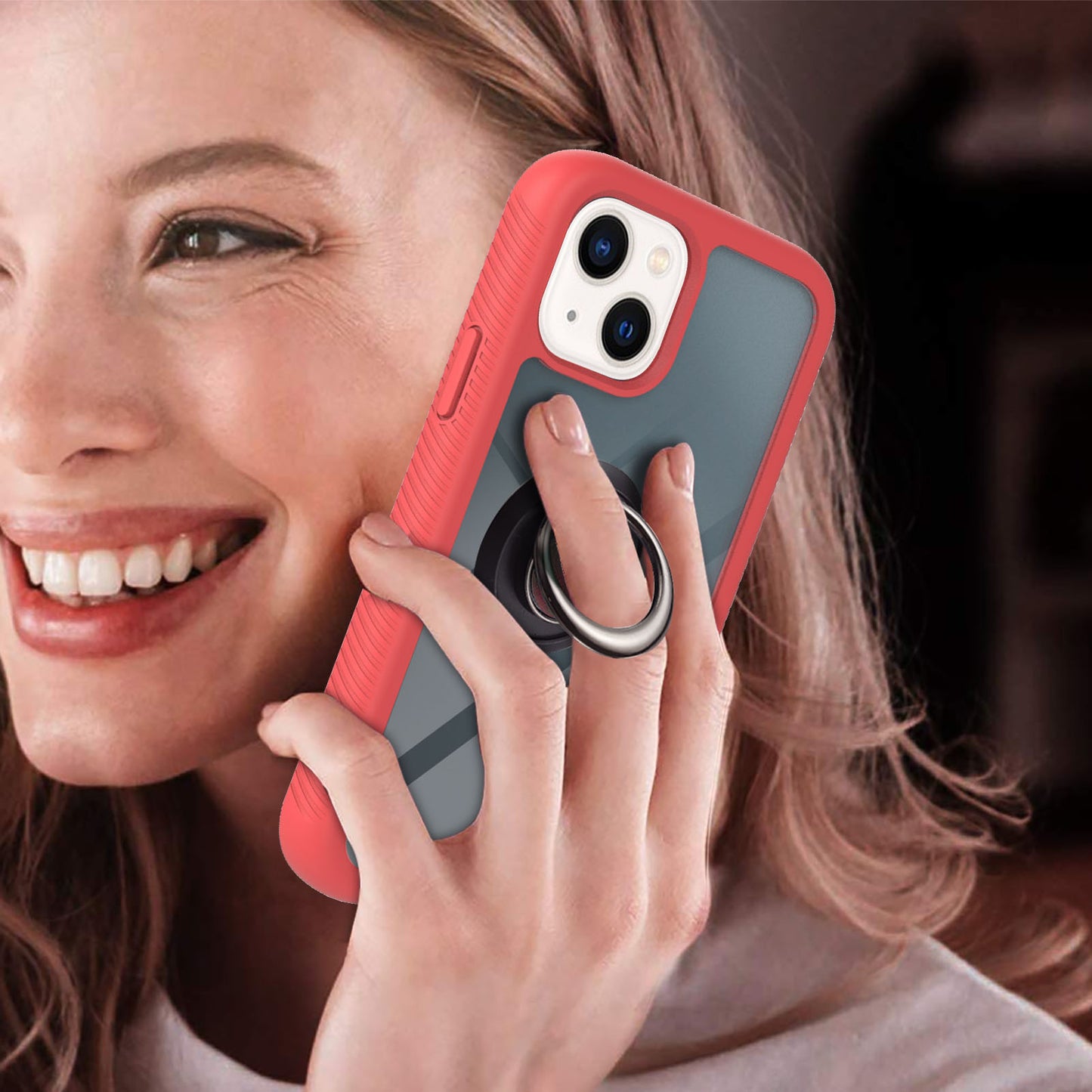 YB PC Series-5 for iPhone 15 Protective Case PC+TPU Ring Kickstand Phone Cover - Red