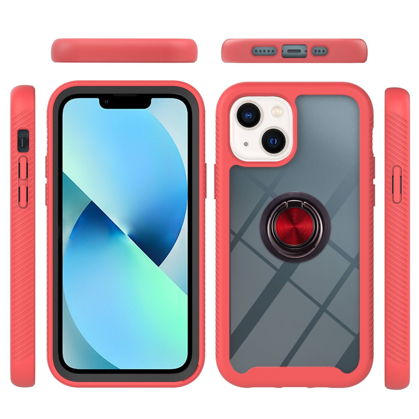YB PC Series-5 for iPhone 15 Protective Case PC+TPU Ring Kickstand Phone Cover - Red