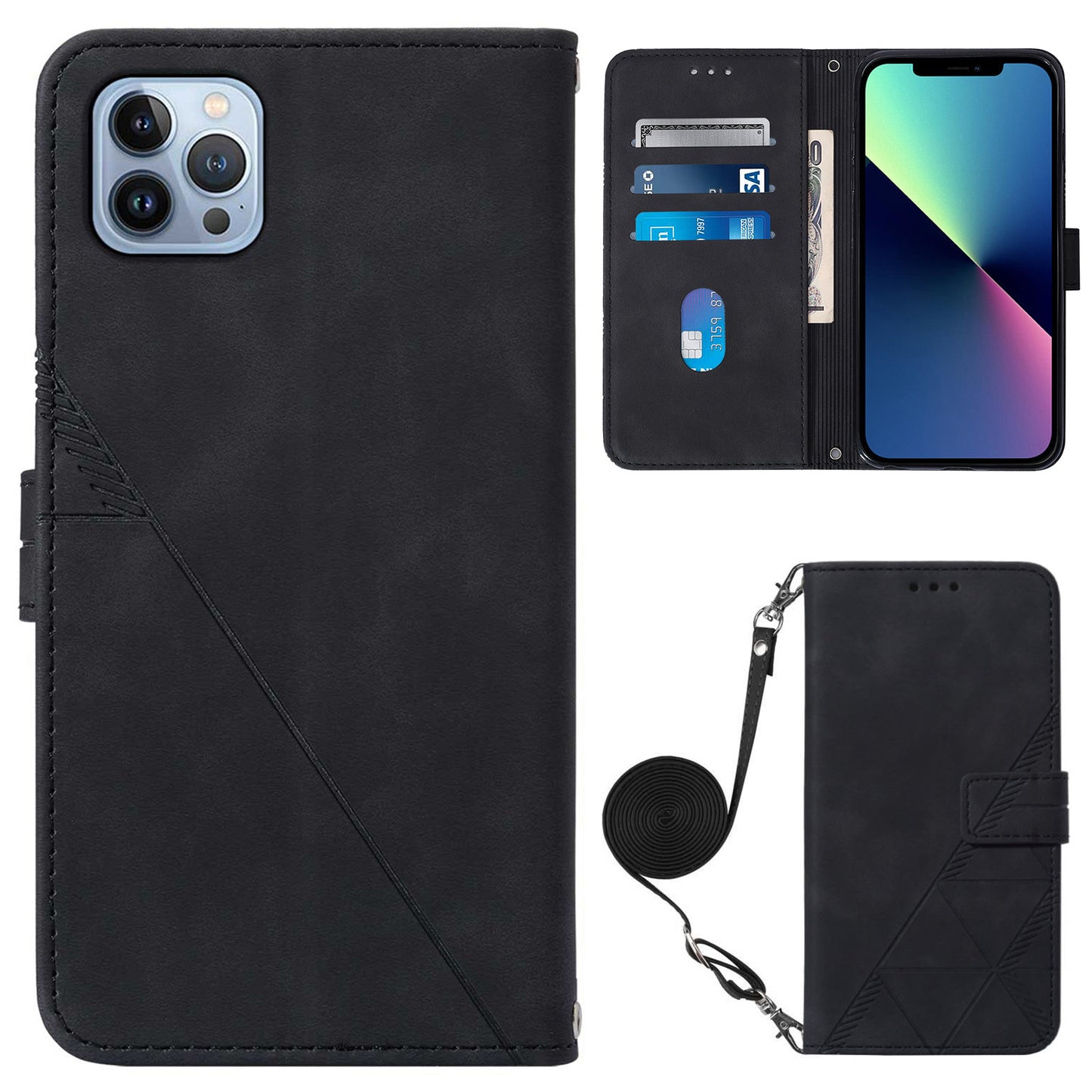 YB Imprinting Series-2 for iPhone 15 Pro Leather Wallet Phone Case Imprinted Stand Cover with Shoulder Strap - Black