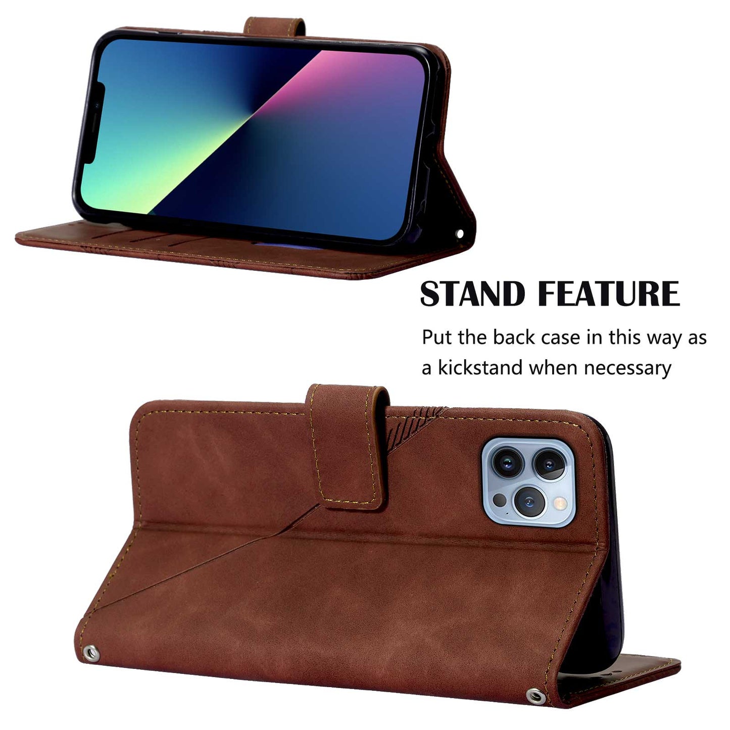 YB Imprinting Series-2 for iPhone 15 Pro Leather Wallet Phone Case Imprinted Stand Cover with Shoulder Strap - Brown