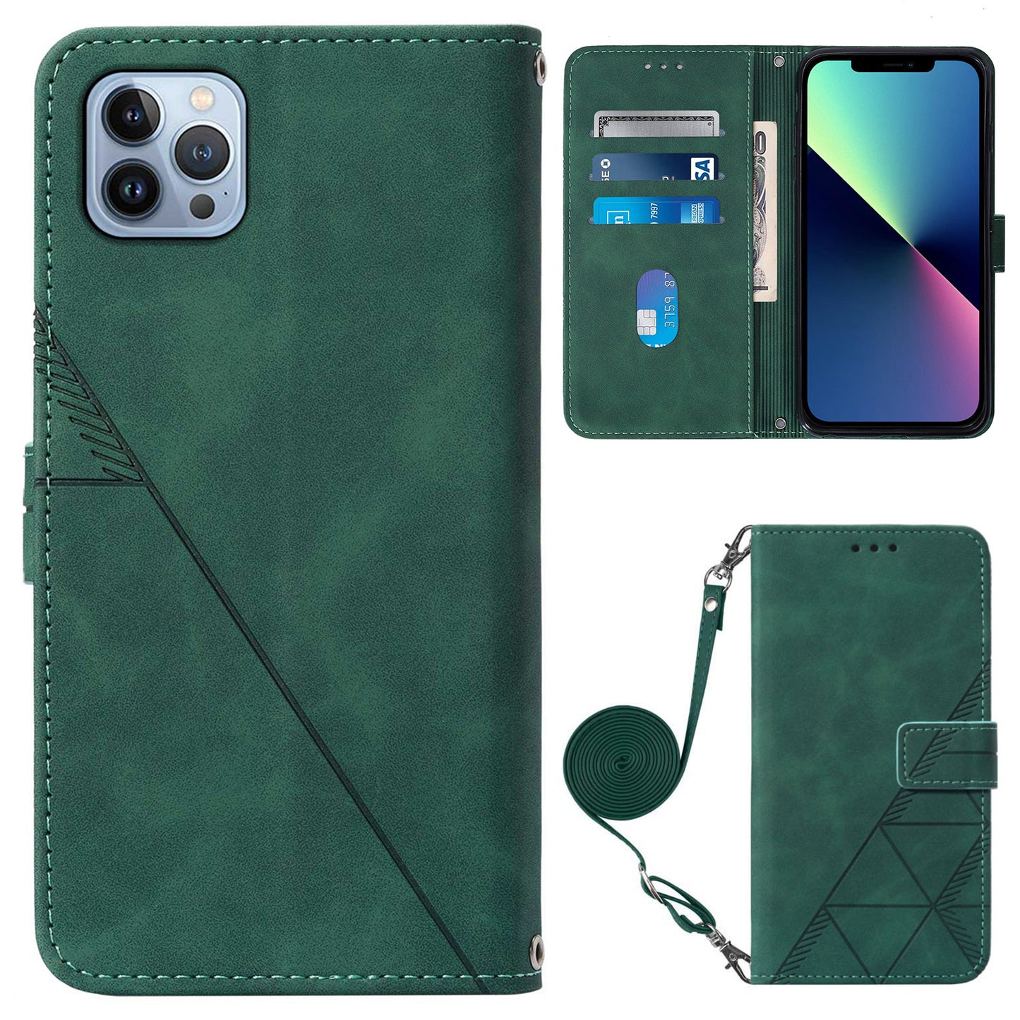 YB Imprinting Series-2 for iPhone 15 Pro Leather Wallet Phone Case Imprinted Stand Cover with Shoulder Strap - Blackish Green