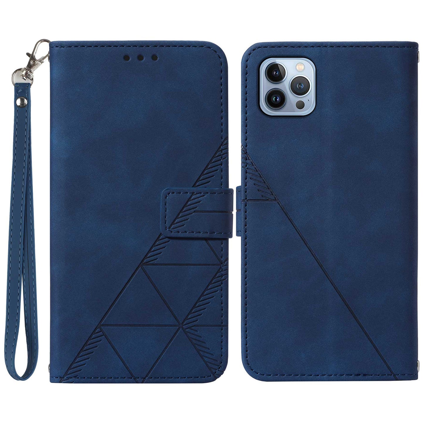 YB Imprinting Series-1 for iPhone 15 Pro Wallet Stand Leather Phone Cover Imprinted Phone Case with Hand Strap - Sapphire