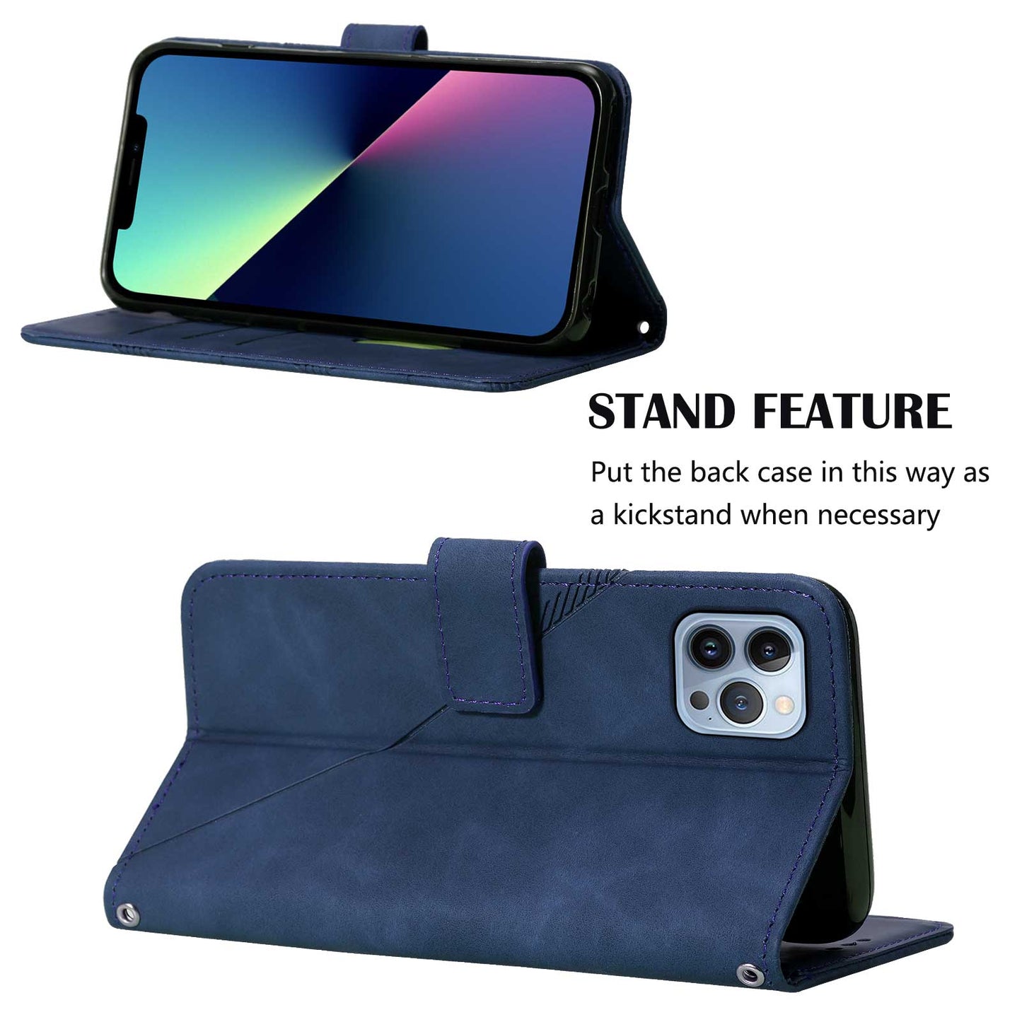 YB Imprinting Series-1 for iPhone 15 Pro Wallet Stand Leather Phone Cover Imprinted Phone Case with Hand Strap - Sapphire