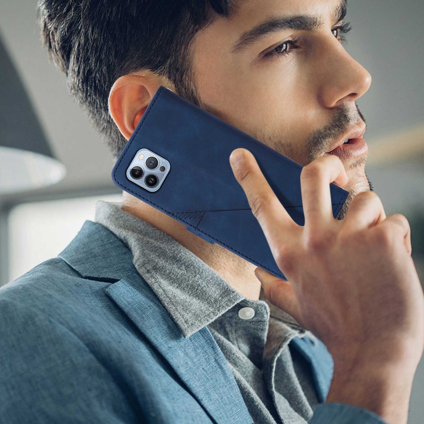 YB Imprinting Series-1 for iPhone 15 Pro Wallet Stand Leather Phone Cover Imprinted Phone Case with Hand Strap - Sapphire