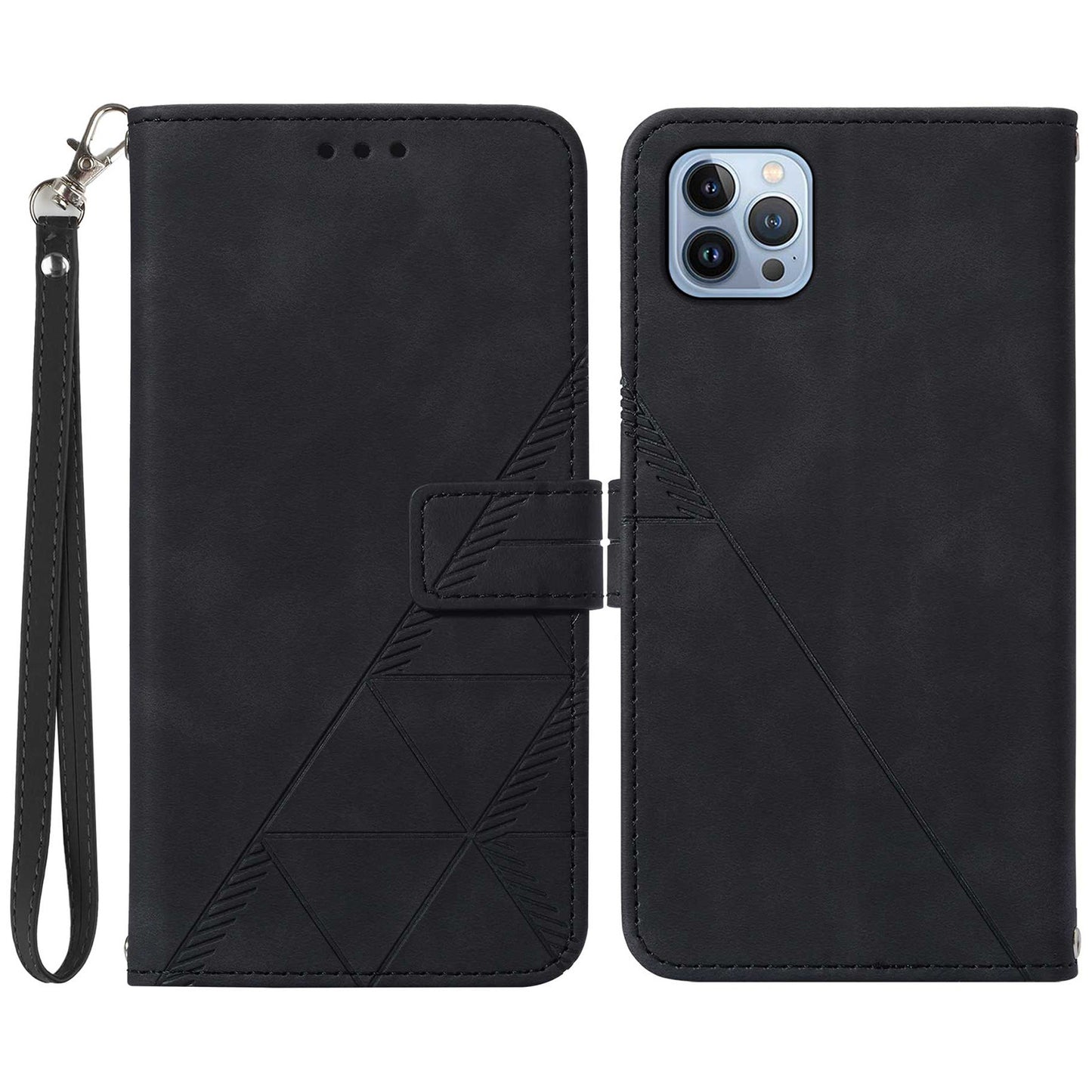 YB Imprinting Series-1 for iPhone 15 Pro Wallet Stand Leather Phone Cover Imprinted Phone Case with Hand Strap - Black