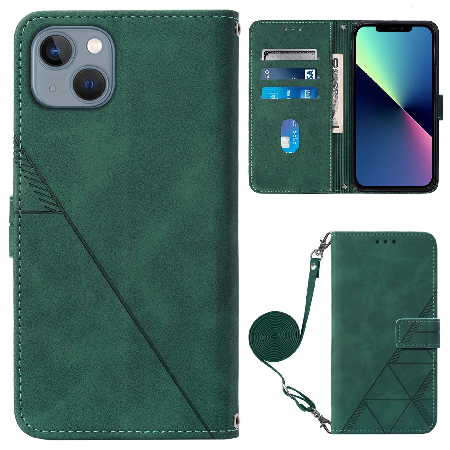 YB Imprinting Series-2 for iPhone 15 Imprinted Stand Cover PU Leather Wallet Phone Case with Shoulder Strap - Blackish Green