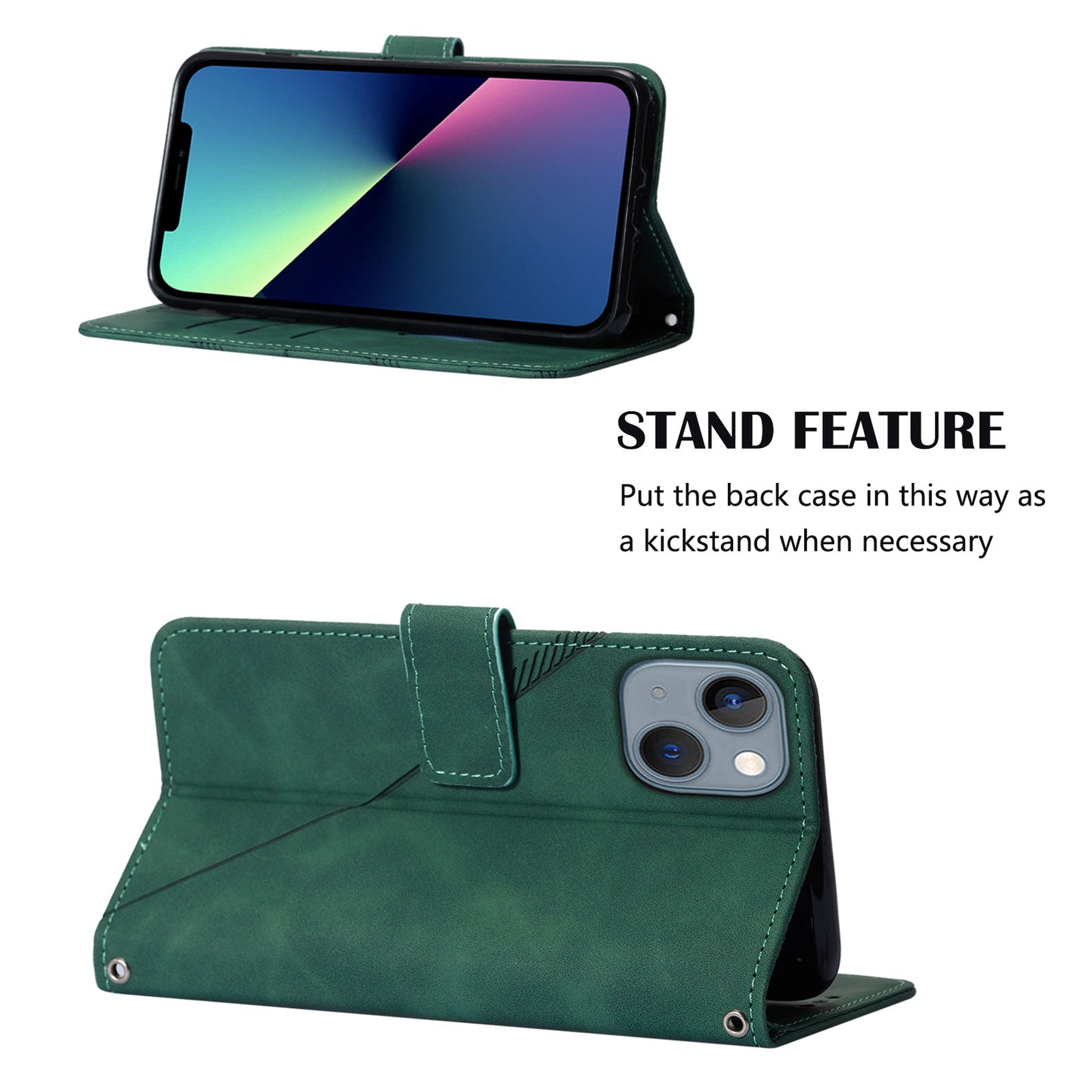 YB Imprinting Series-2 for iPhone 15 Imprinted Stand Cover PU Leather Wallet Phone Case with Shoulder Strap - Blackish Green
