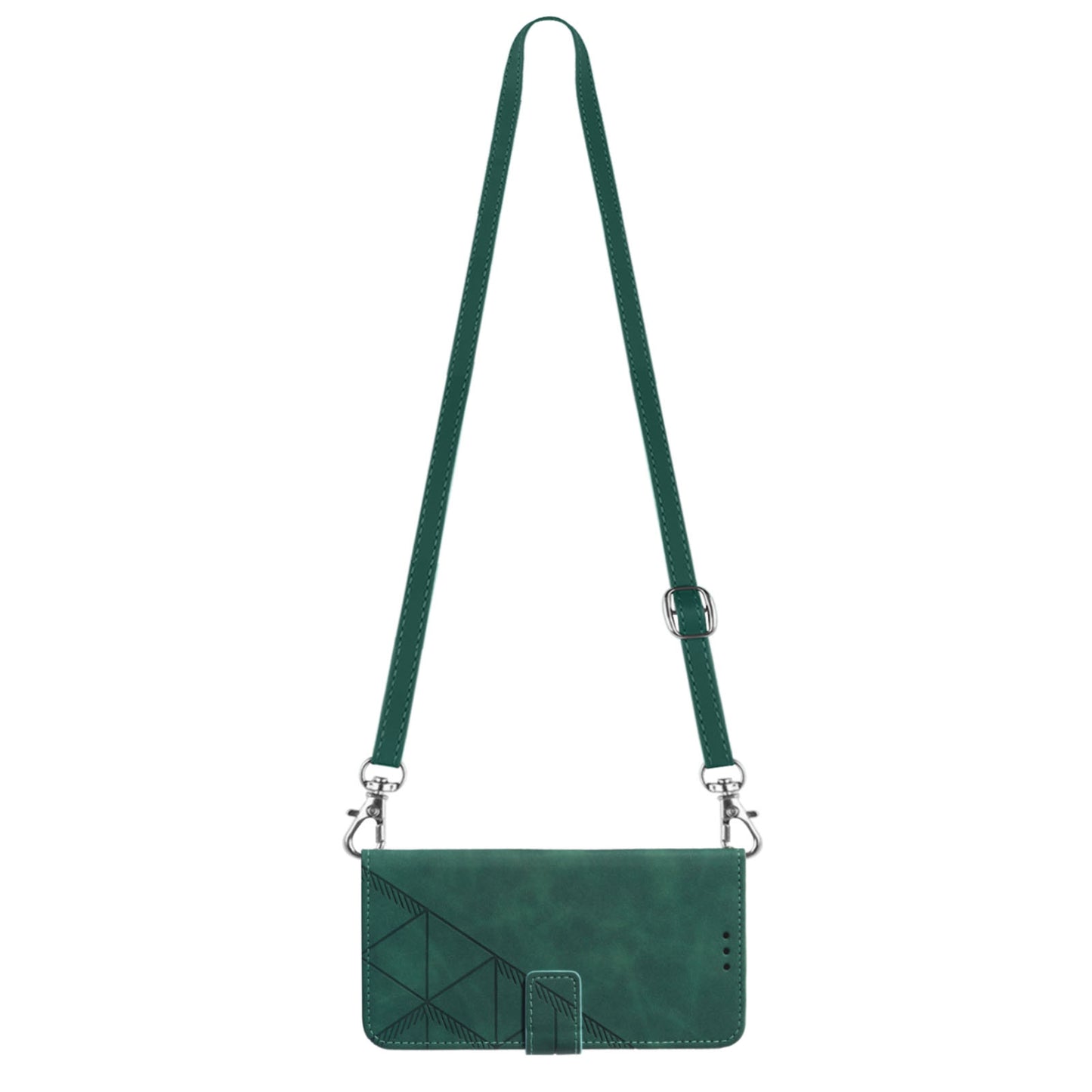 YB Imprinting Series-2 for iPhone 15 Imprinted Stand Cover PU Leather Wallet Phone Case with Shoulder Strap - Blackish Green