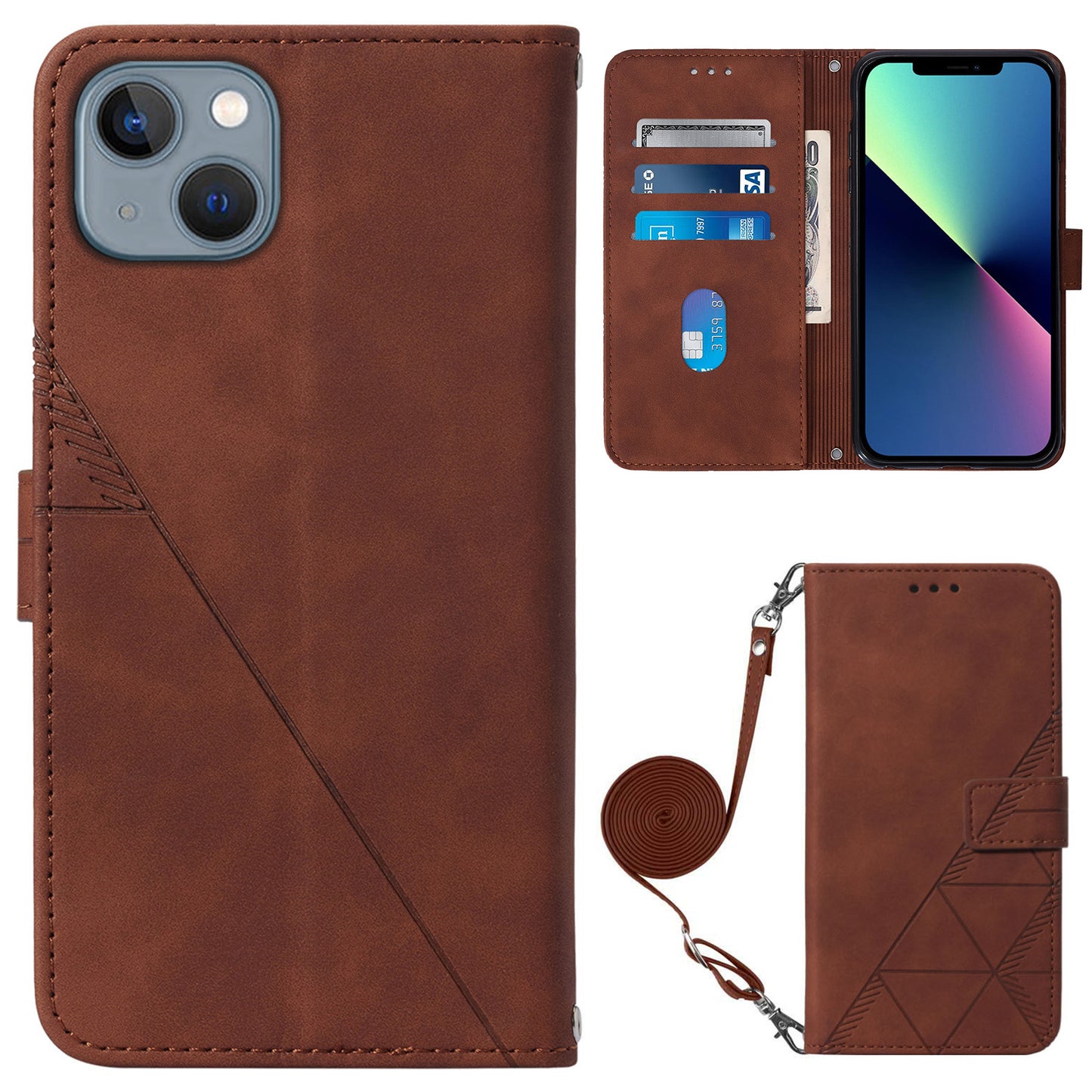 YB Imprinting Series-2 for iPhone 15 Imprinted Stand Cover PU Leather Wallet Phone Case with Shoulder Strap - Brown