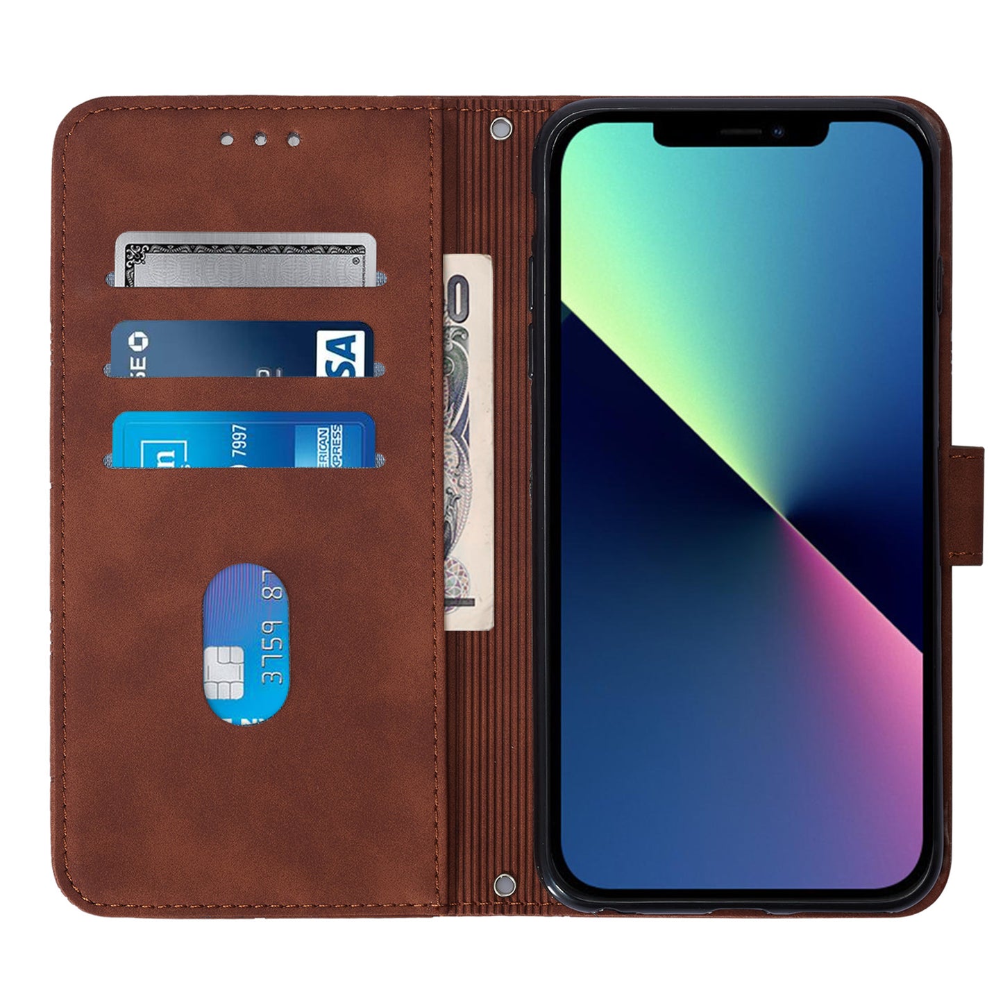 YB Imprinting Series-2 for iPhone 15 Imprinted Stand Cover PU Leather Wallet Phone Case with Shoulder Strap - Brown