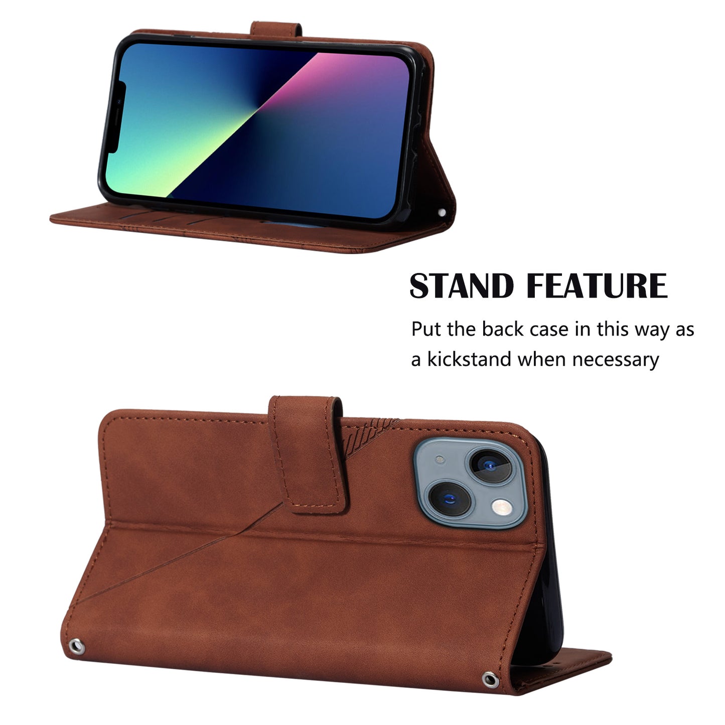 YB Imprinting Series-2 for iPhone 15 Imprinted Stand Cover PU Leather Wallet Phone Case with Shoulder Strap - Brown