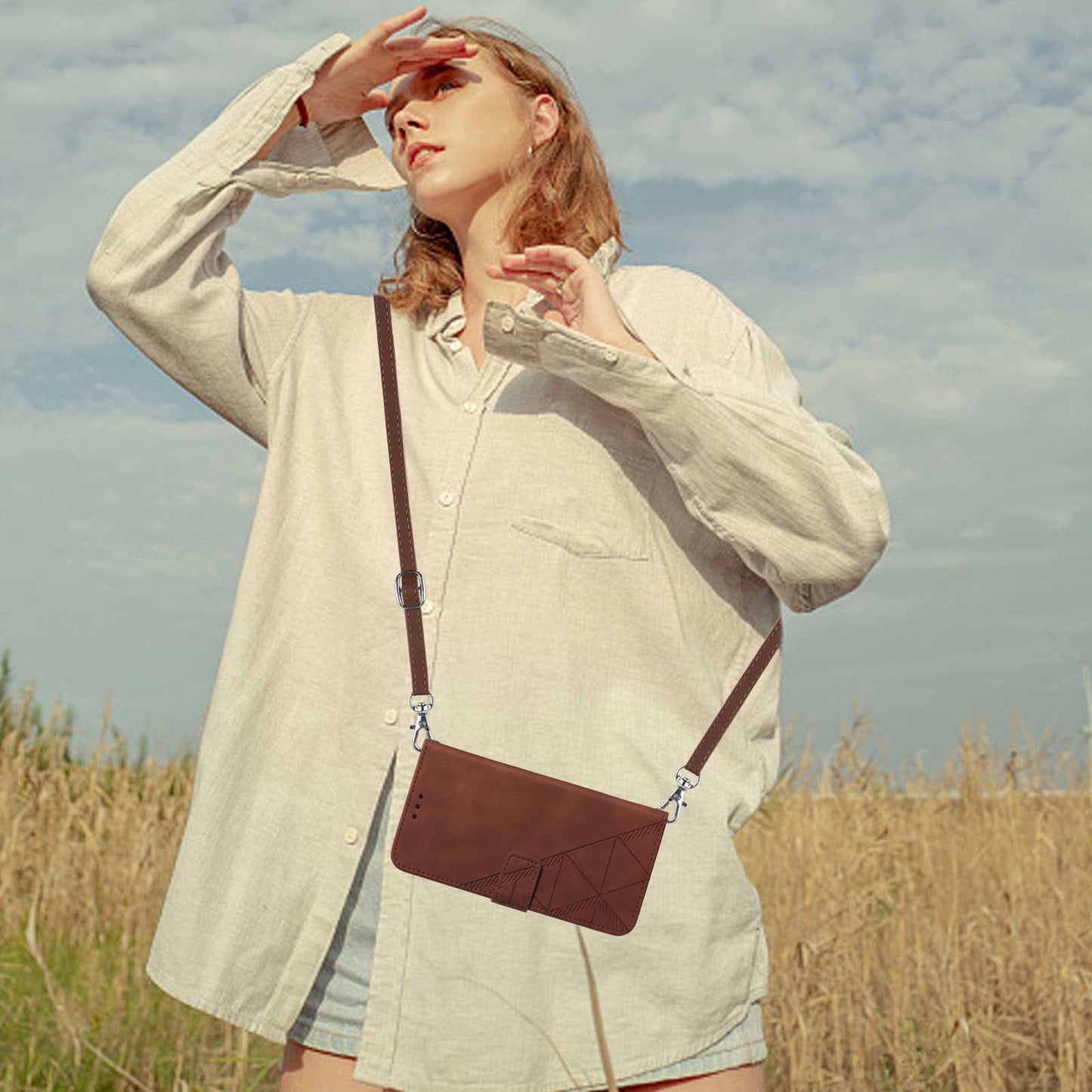 YB Imprinting Series-2 for iPhone 15 Imprinted Stand Cover PU Leather Wallet Phone Case with Shoulder Strap - Brown