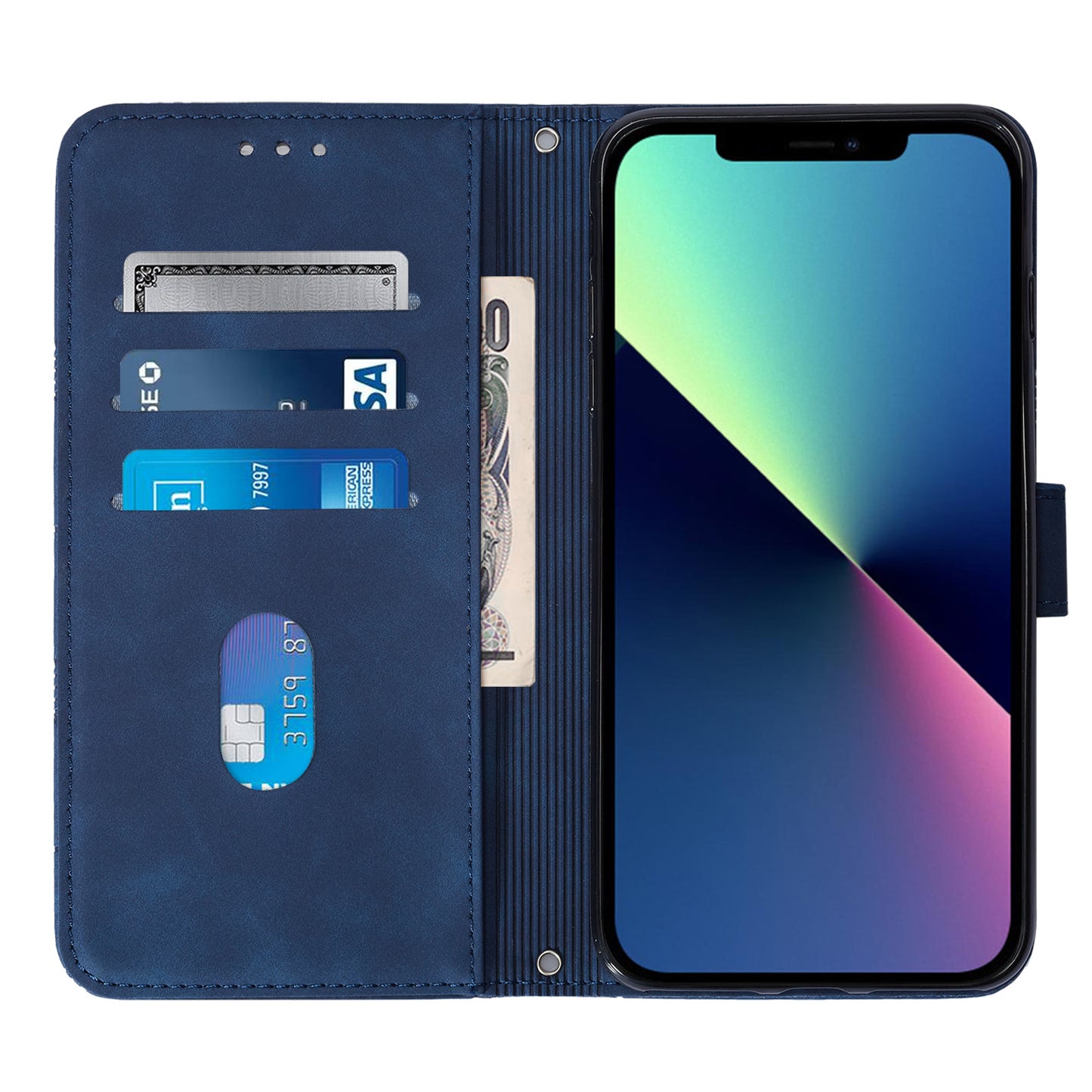 YB Imprinting Series-2 for iPhone 15 Imprinted Stand Cover PU Leather Wallet Phone Case with Shoulder Strap - Sapphire