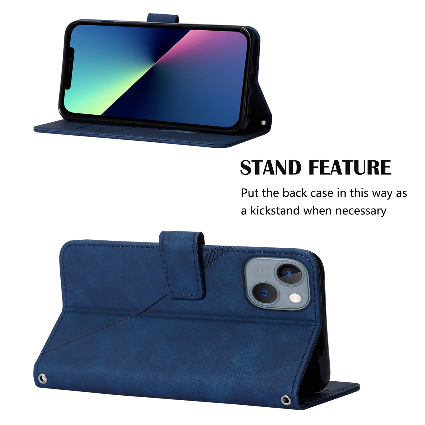 YB Imprinting Series-2 for iPhone 15 Imprinted Stand Cover PU Leather Wallet Phone Case with Shoulder Strap - Sapphire