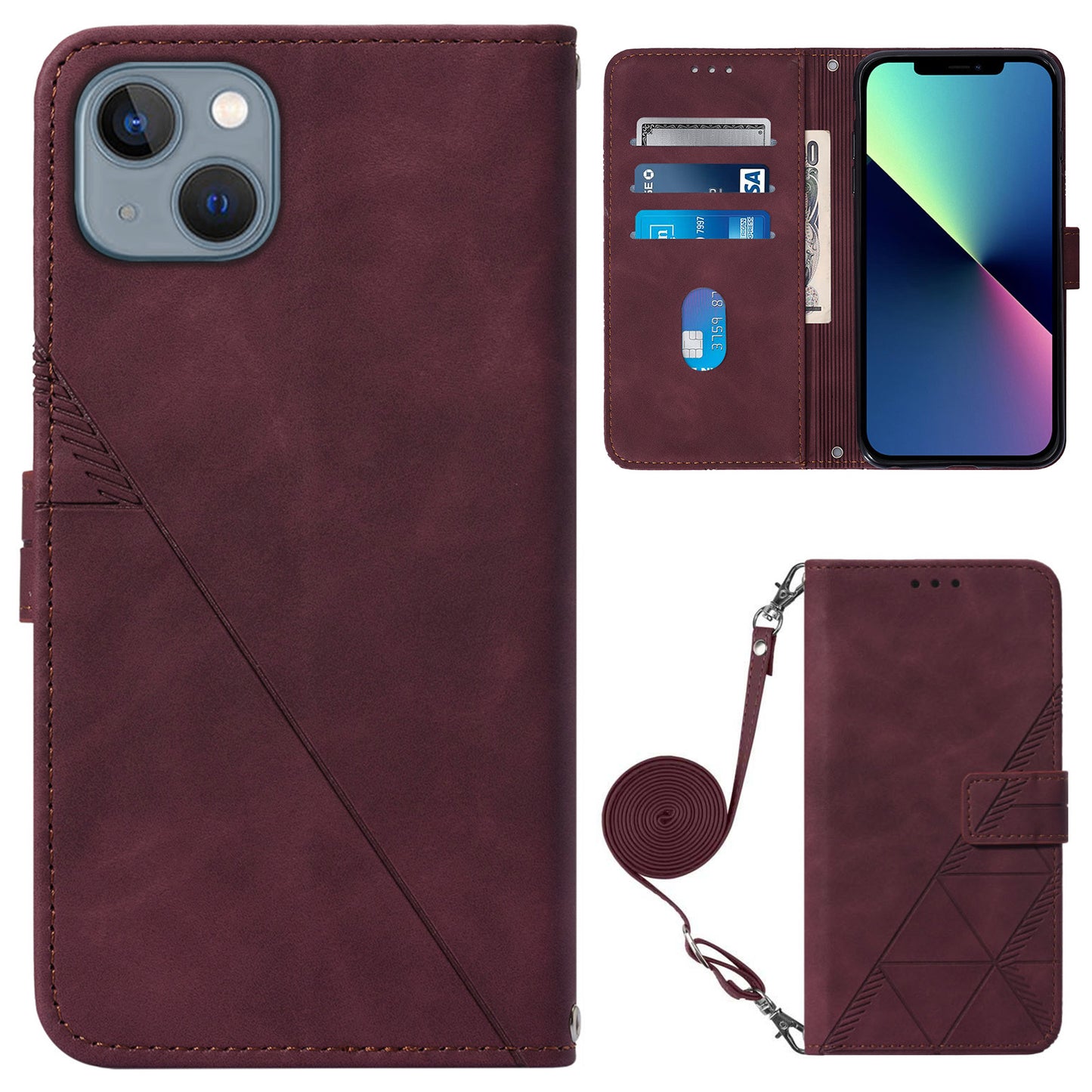 YB Imprinting Series-2 for iPhone 15 Imprinted Stand Cover PU Leather Wallet Phone Case with Shoulder Strap - Wine Red