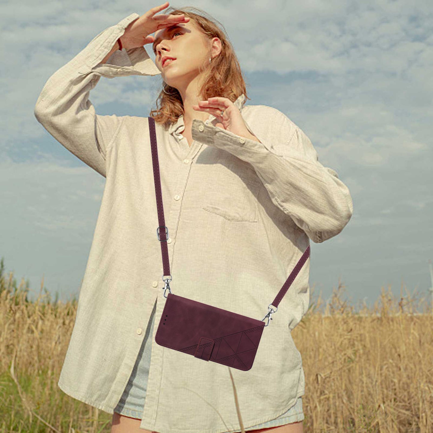 YB Imprinting Series-2 for iPhone 15 Imprinted Stand Cover PU Leather Wallet Phone Case with Shoulder Strap - Wine Red