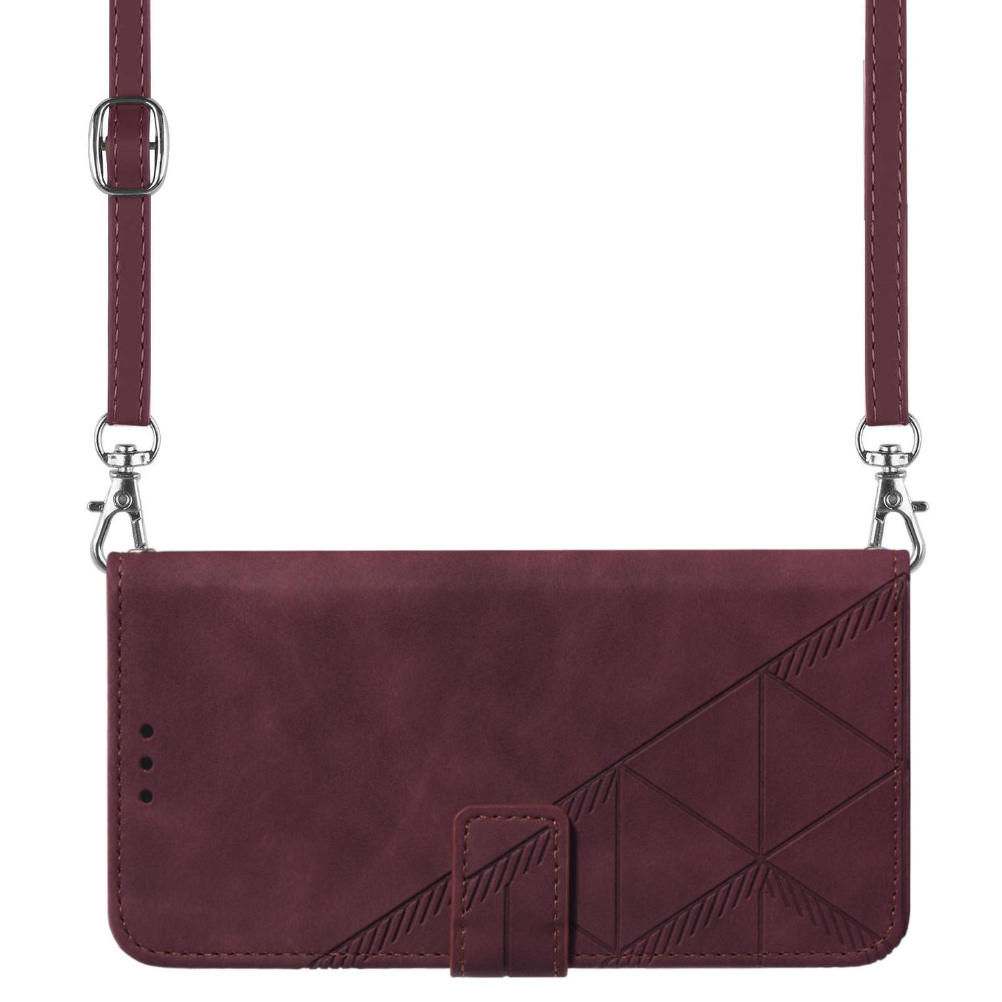 YB Imprinting Series-2 for iPhone 15 Imprinted Stand Cover PU Leather Wallet Phone Case with Shoulder Strap - Wine Red