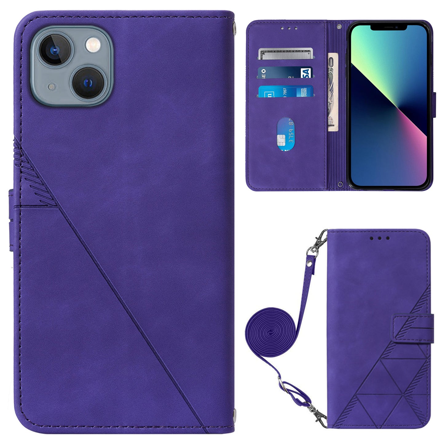 YB Imprinting Series-2 for iPhone 15 Imprinted Stand Cover PU Leather Wallet Phone Case with Shoulder Strap - Purple